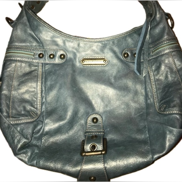 ISABELLA FIORE Vtg Large Blue Metallic Shimmer Stud Leather Hobo Handbag Satchel - Picture 5 of 16